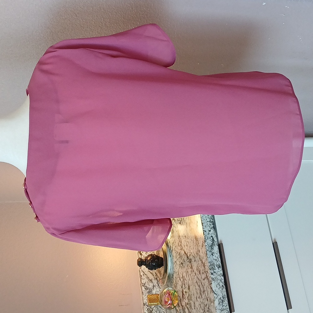 Vintage 80s Pink Chiffon Blouse Womens Short Sleeve Top Medium - Picture 7 of 8
